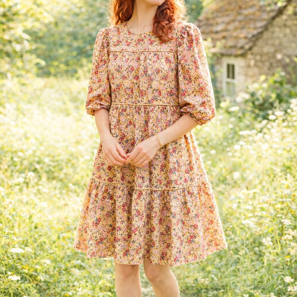 Floral 100% Cotton Tiered Dress Prairie Cottagecore Modest Artsy Large Udel NY L